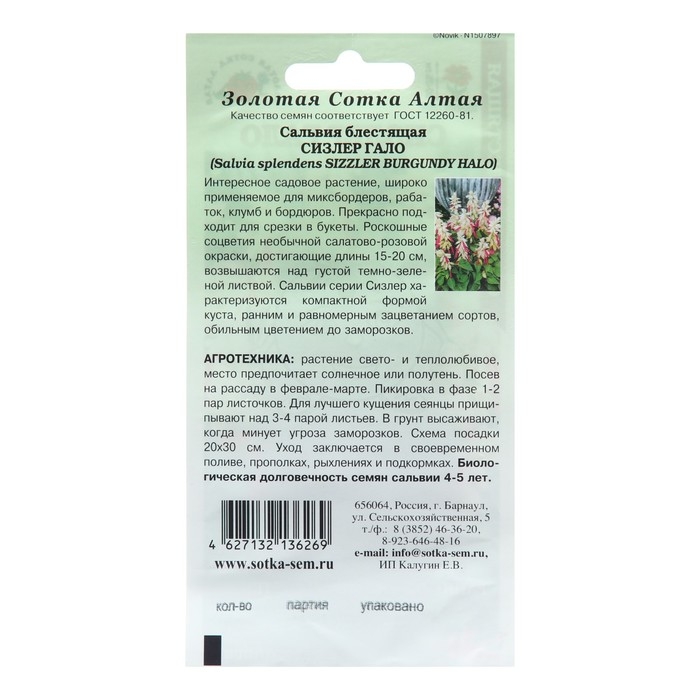Семена цветов Сальвия  Семена цветов Сальвия "Сизлер Гало", 10 шт