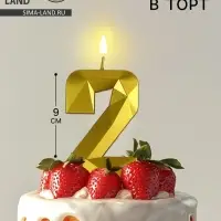 Свеча в торт на шпажке &laquo;Грань&raquo;, цифра 2, золотая, 9 см, ГИГАНТ