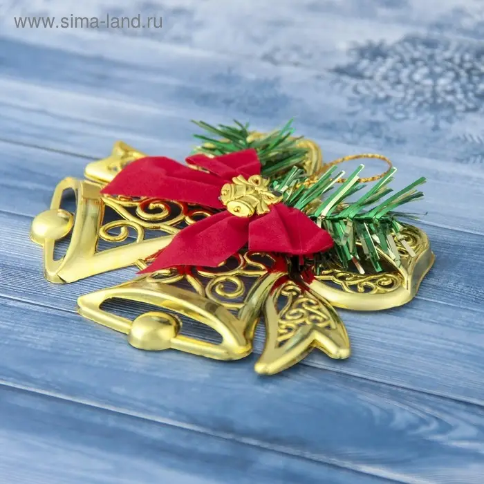 Ёлочная игрушка «Зимнее волшебство. Колокольчик двойной с бантиками» пластик, 12.3×9.5 см, золото Ёлочная игрушка «Зимнее волшебство. Колокольчик двойной с бантиками» пластик, 12.3×9.5 см, золото