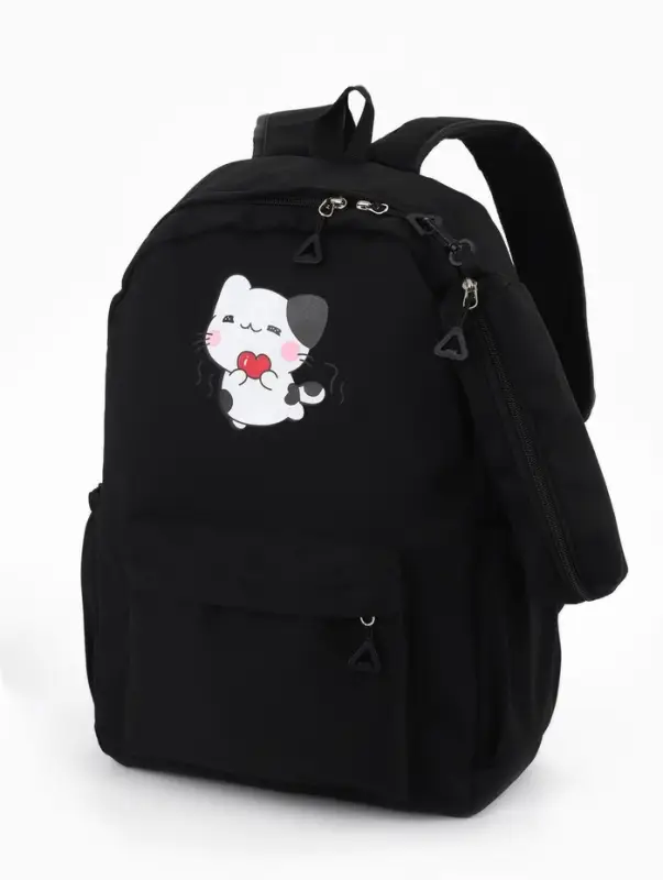 Рюкзак &laquo;Котик&raquo;, с сумкой и пеналом, 3 кармана, чёрный