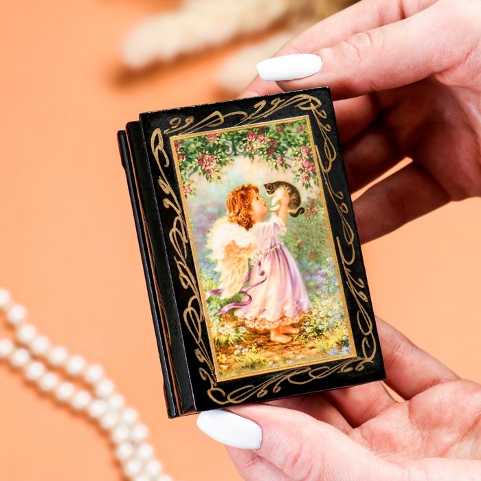 Шкатулка «Ангел с котёнком», 6х9 см, лаковая миниатюра