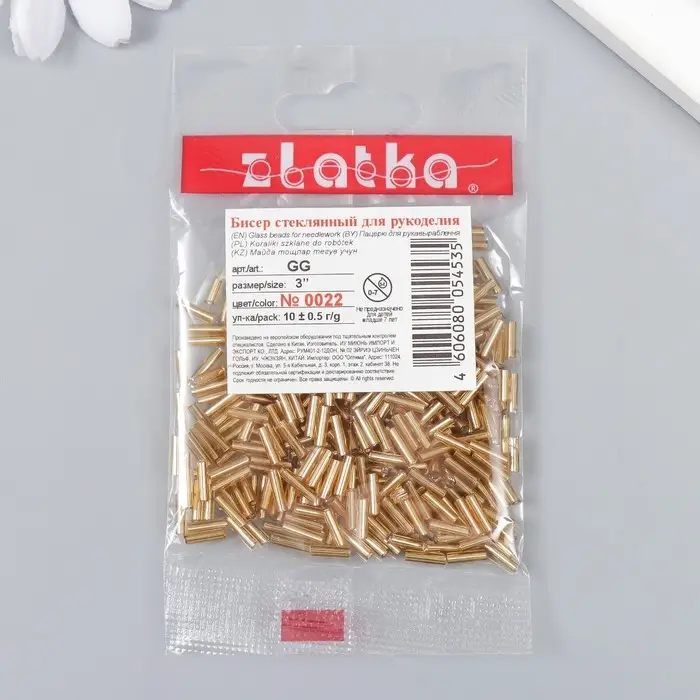 Бисер  Бисер "Zlatka" стеклярус 10 г, размер 3", 6 мм, №0022 золотой 93"78544