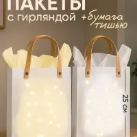 Пакеты подарочные с бумагой тишью и гирляндой, набор 2 шт., 20&times;8&times;25 см