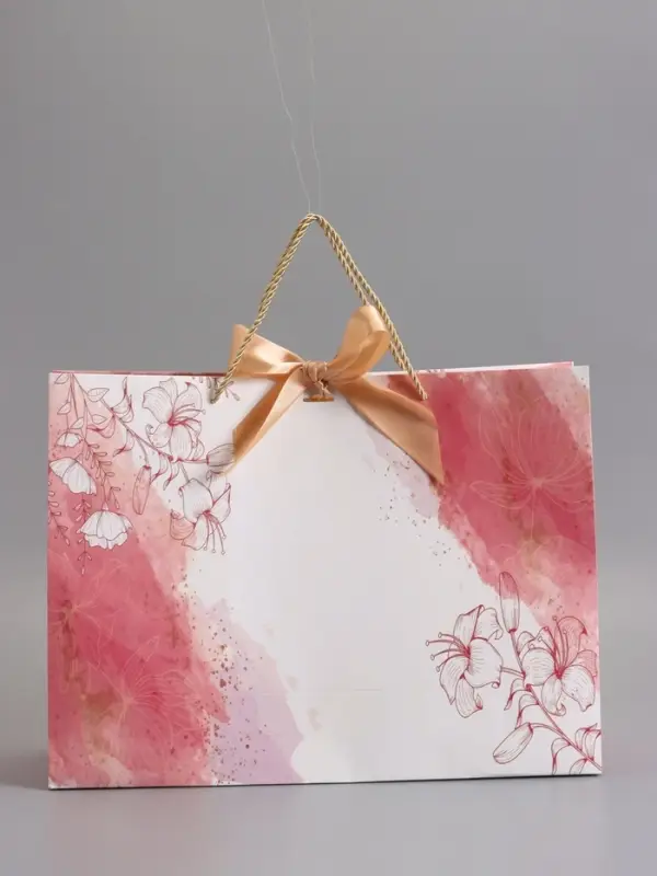 Пакет подарочный "Мрамор" , розовый , с бантиком , 43 х 32 х 14 см