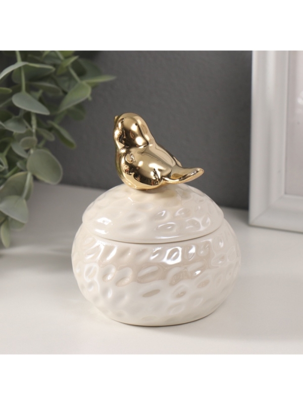 Шкатулка керамика "Золотая птичка на гнезде" белый перламутр 8,5х8,5х10 см