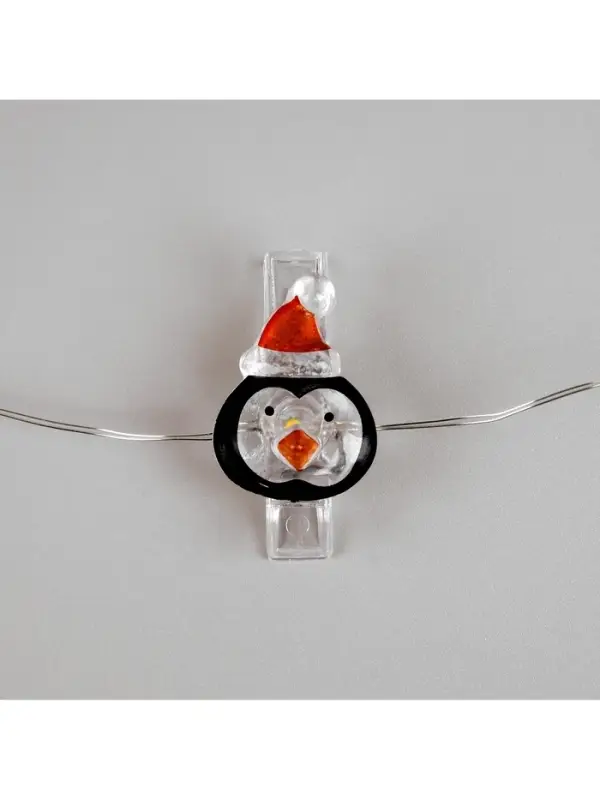 Гирлянда &laquo;Нить&raquo; 2 м роса с насадками &laquo;Прищепки-пингвин&raquo;, IP20, серебристая нить, 20 LED, батарейки ААх2 (не в комплекте), свечение тёплое белое