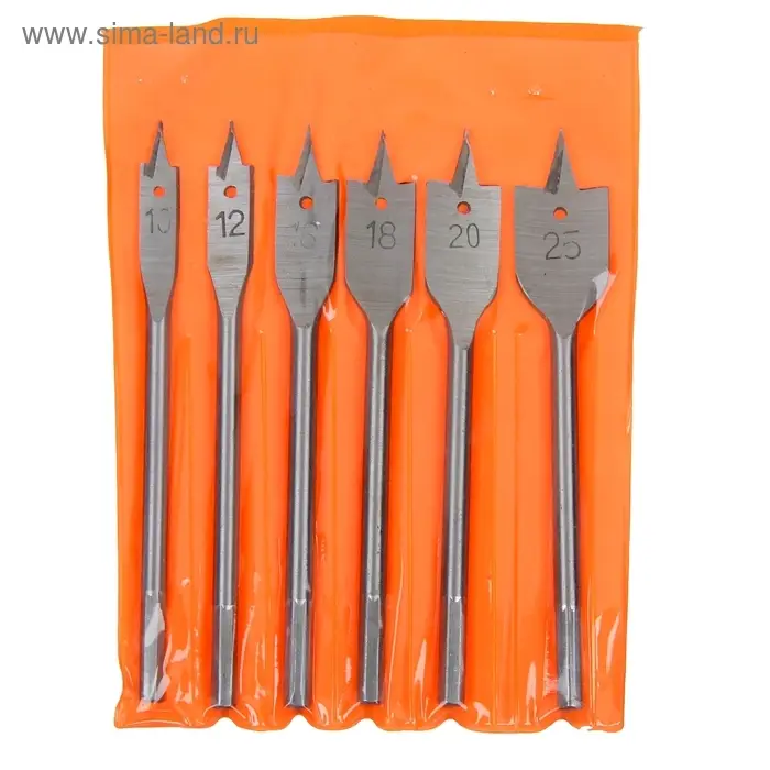 Набор сверл перовых Sparta, по дереву, 10-12-16-18-20-25 мм, 6 шт, 6-гранный хвостовик Набор сверл перовых Sparta, по дереву, 10-12-16-18-20-25 мм, 6 шт, 6-гранный хвостовик