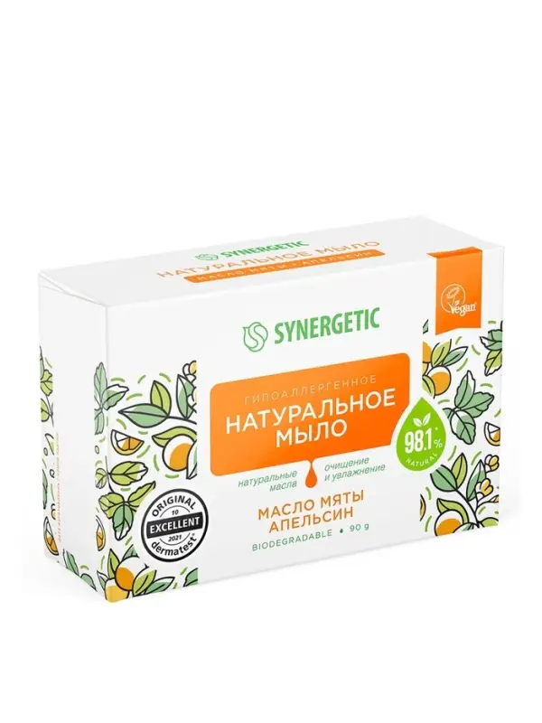 Натуральное туалетное мыло Synergetic &laquo;Масло мяты и апельсин&raquo;, гипоаллергенное, 90 г