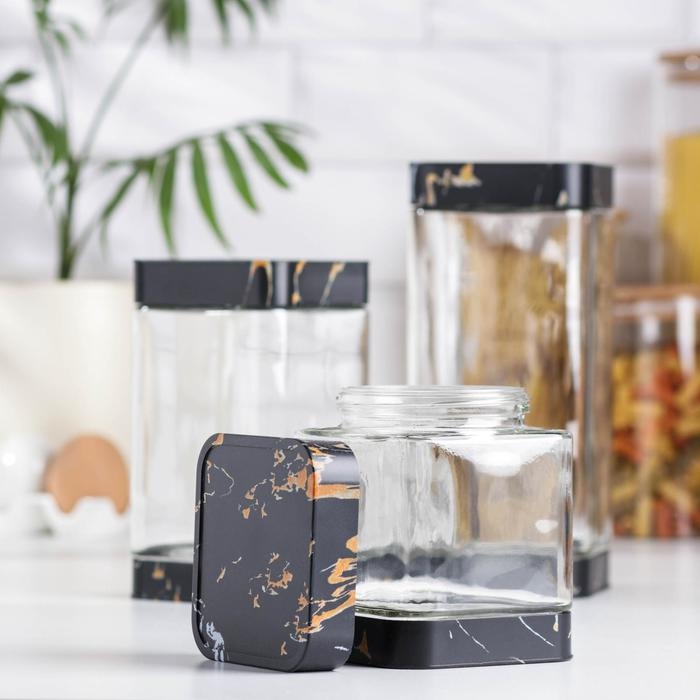 Набор банок стеклянных для сыпучих продуктов «Элегант», 3 предмета: 750/1000/1400 мл, цвет чёрный мрамор