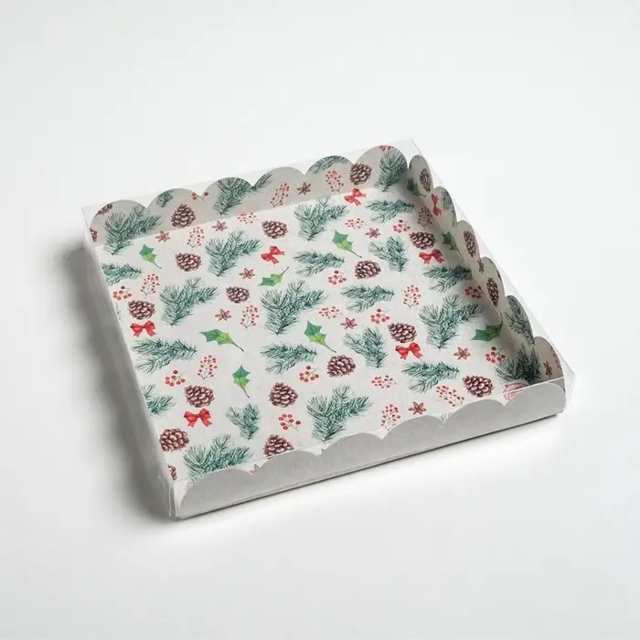 Коробка для кондитерских изделий новогодняя с пластиковой крышкой Winter time, 21&times;21&times;3 см