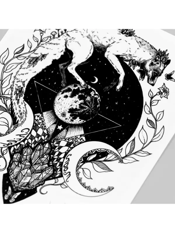 Переводная тату на тело чёрная «Лунный лис», 21×14.8 см