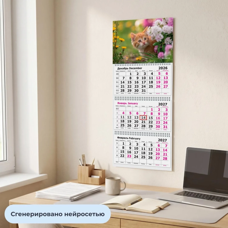 Календарь настенный 3-х блочный 2027 Attache котенок 305х675мм