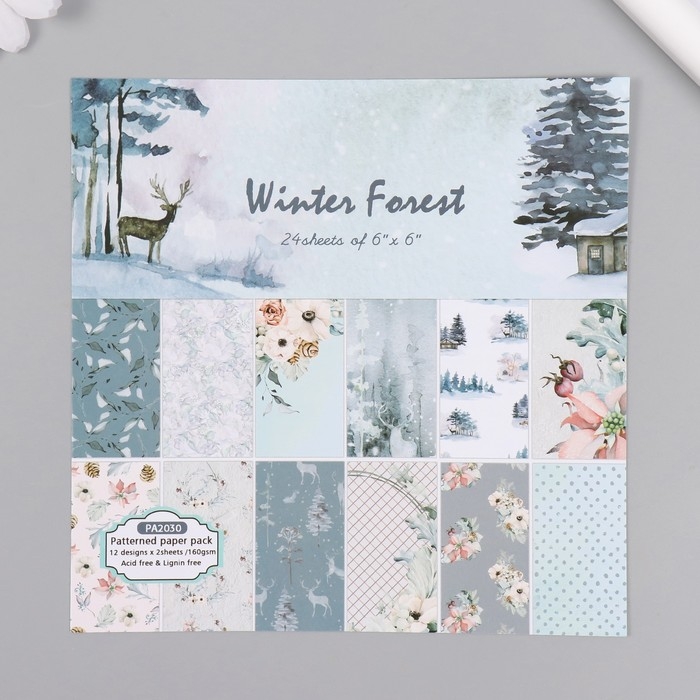 Набор бумаги для скрапбукинга 24 листа 12 дизайнов Набор бумаги для скрапбукинга 24 листа 12 дизайнов "Зимний лес" 160 гр 15,2х15,2 см