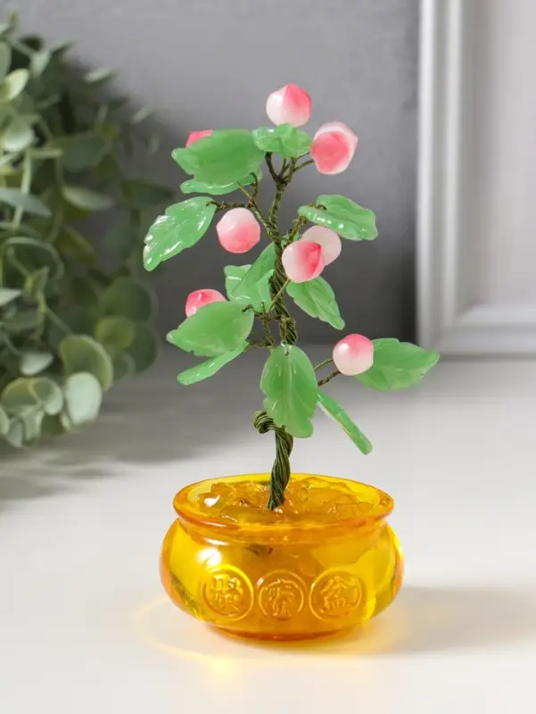Сувенир бонсай "Дерево с персиками в чаше богатства" 9 персиков 14 листьев 7,5х9,5х16 см