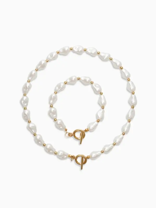 Набор 2 пред-та: бусы,браслет "Жемчуг барочный", капля, 40/18см, цвет белый в золоте