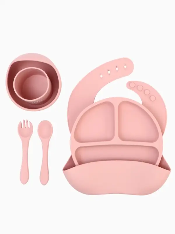 Детская посуда в наборе M&B: нагрудник, тарелка 2 шт., стакан, приборы, силикон, пыльная роза