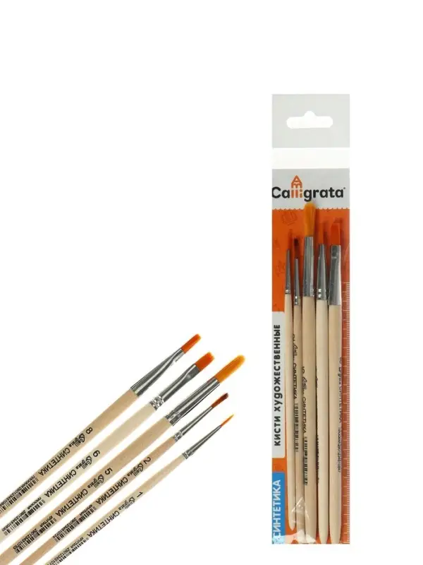 Набор кистей для рисования, синтетика, 5 штук: №: 1, 2, 5 (круглые), № 6, 8 (плоские), Calligrata, круглые, плоские, деревянная ручка, в пакете