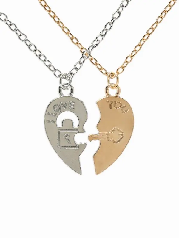 Кулоны парные на цепочке &laquo;Неразлучники. Половинки сердец, ключ и замок&raquo;, L=45 см, набор 2 шт. цвет серебро, золото