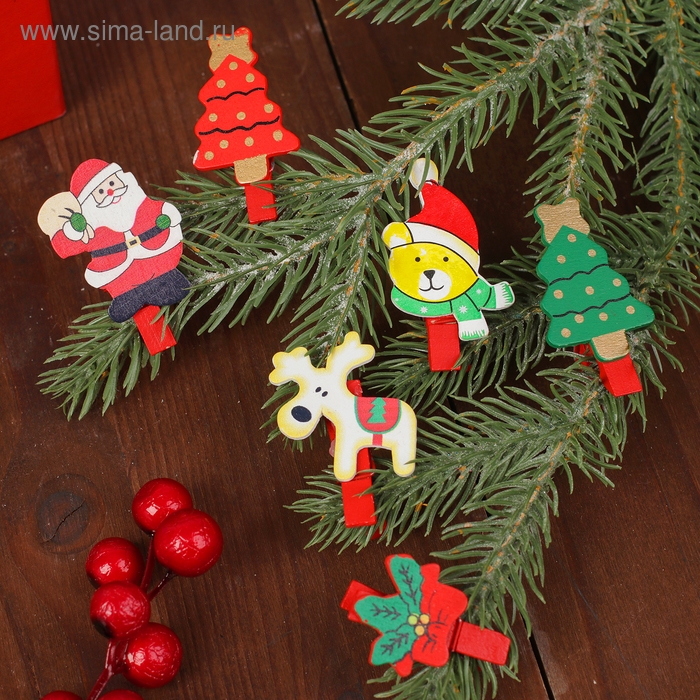 Прищепки новогодние «Новогодние чудеса», набор 6 5 × 3.5 см Прищепки новогодние «Новогодние чудеса», набор 6 5 × 3.5 см