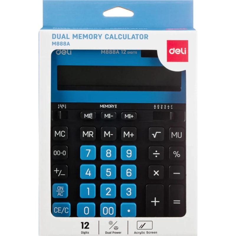 Калькулятор настольный Deli полноразм. EM888A, 12-ти разряд., голубой/черн