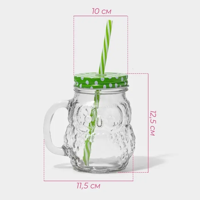 Кружка с крышкой и трубочкой &laquo;Сова&raquo;, 470 мл, 10&times;11.5&times;12.5 см, стекло, МИКС