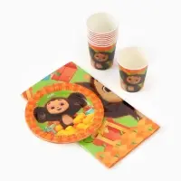 Посуда одноразовая бумажная для праздника, на 10 персон, стакан, тарелка, скатерть, Чебурашка