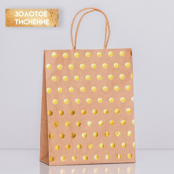Пакет крафт с золотым тиснением, круглая ручка, 27 х 21 х 11 см, 120 г Пакет крафт с золотым тиснением, круглая ручка, 27 х 21 х 11 см, 120 г