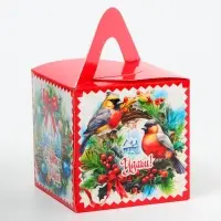 Подарочная коробка Новогодняя Кубик большой «Еловый Венок» 12×12×12 см