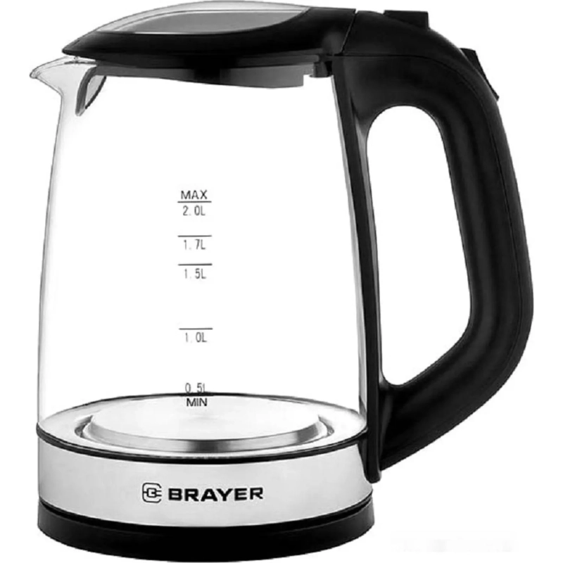 Чайник электрический BRAYER BR1040BK, 2220Вт,  2 л, стекл., черный