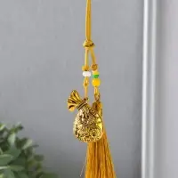 Подвеска металл, текстиль &laquo;Мешок и рыбы с лотосом, с кисточкой&raquo;, золотистый, 1.5&times;5.5&times;14 см