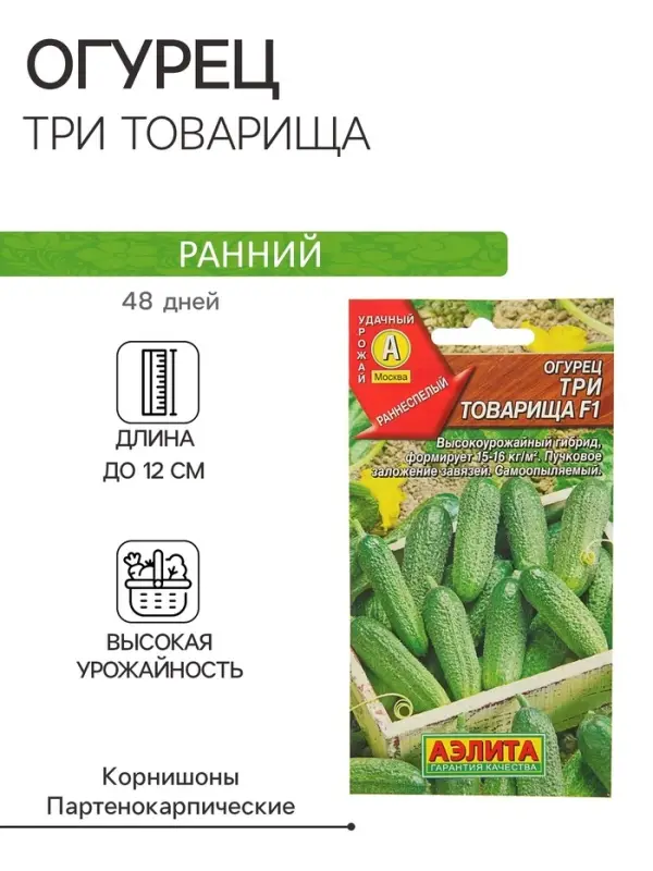 Семена Огурец Семена Огурец "Три товарища" F1, раннеспелый, партенокарпический, 10 шт.