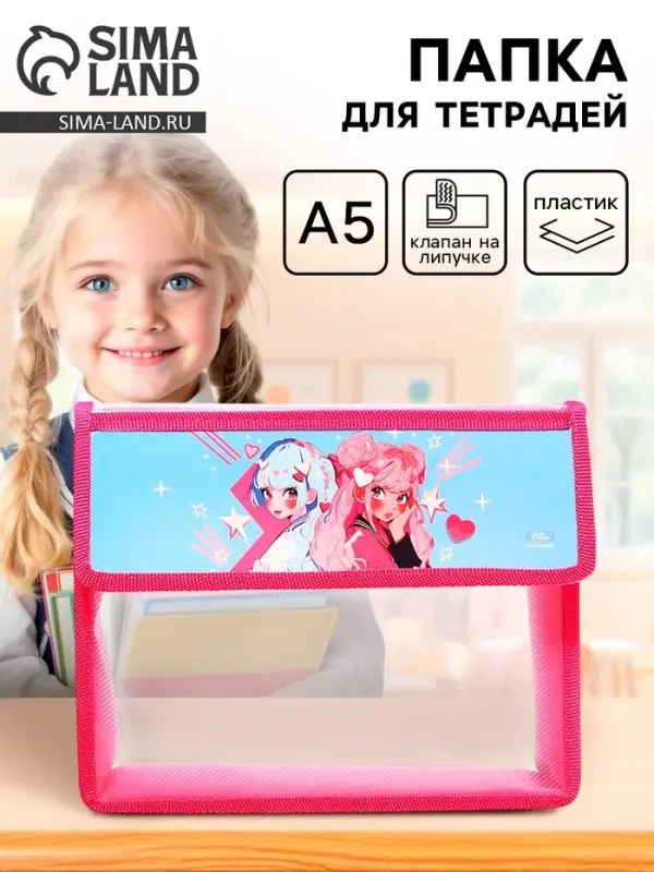 Папка для тетрадей, А5, пластиковая, 23&times;19&times;5 см &laquo;Аниме подружки&raquo;