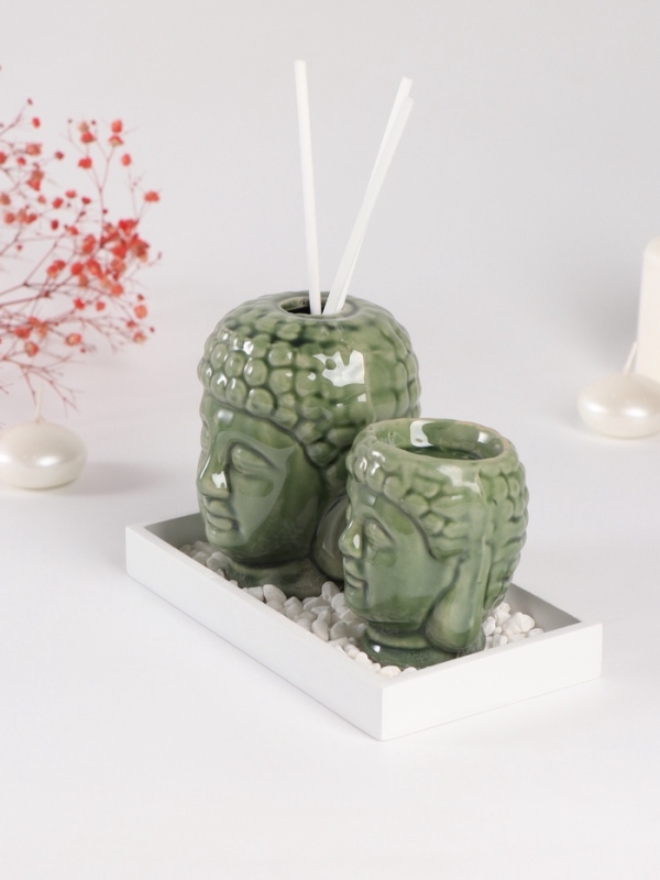 Диффузор керамика + подсвечник  Диффузор керамика + подсвечник "Будды" аромапалочки 3 шт 9х17х10,5 см