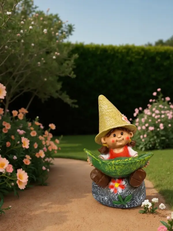 Садовая фигура из полистоуна &laquo;Девочка на камне с листом&raquo;, 48&times;29&times;27 см