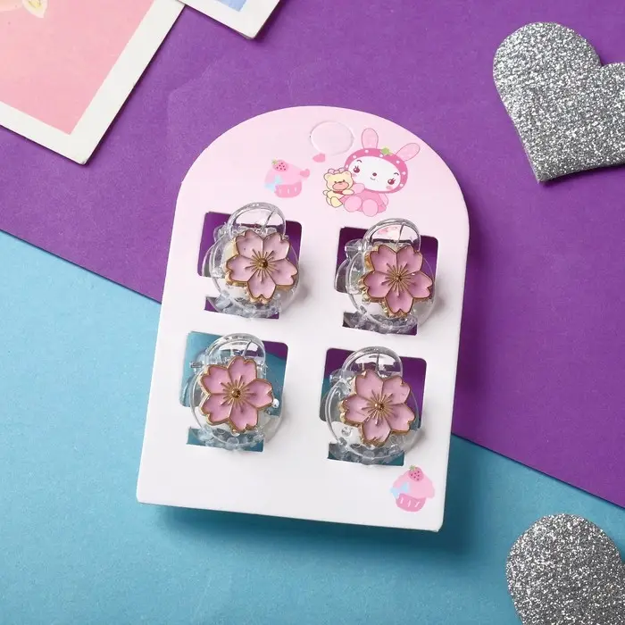 Крабики для волос «Маленькая радость», набор 4 шт., цветочек, 2 см, розовые