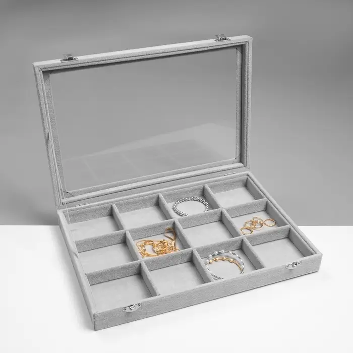 Шкатулка для украшений 12 ячеек, 35&times;24&times;4.5, стеклянная крышка, серая