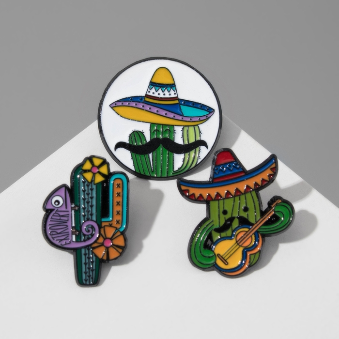 Набор значков (3шт) Набор значков (3шт) "Кактусы", цветные в чёрном металле