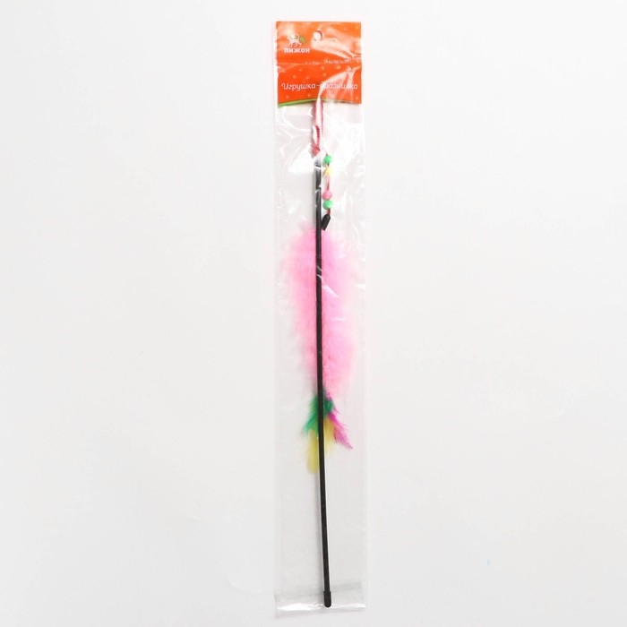 Дразнилка-удочка с перьями, пуховым хвостиком и бусинами, розовая Дразнилка-удочка с перьями, пуховым хвостиком и бусинами, розовая