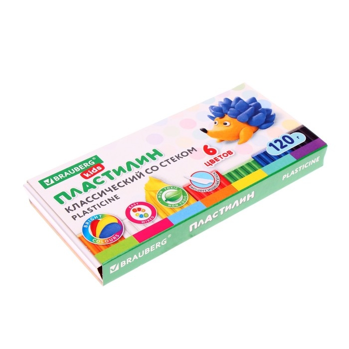Пластилин 6цв 120г BRAUBERG Пластилин 6цв 120г BRAUBERG "KIDS", со стеком, ВЫСШЕЕ КАЧЕСТВО 106435