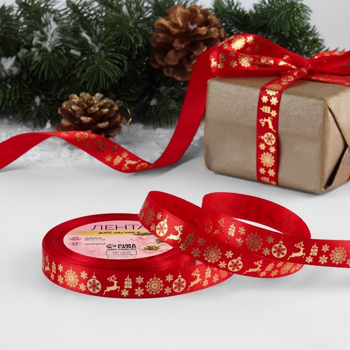 Новый год! Лента атласная с тиснением «Олени», 15 мм, 23 ± 1 м, цвет красный/золотой №026 Новый год! Лента атласная с тиснением «Олени», 15 мм, 23 ± 1 м, цвет красный/золотой №026