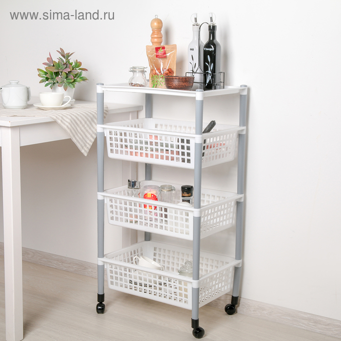 Этажерка напольная на колесиках 4-х секционная, цвет МИКС Этажерка напольная на колесиках 4-х секционная, цвет МИКС