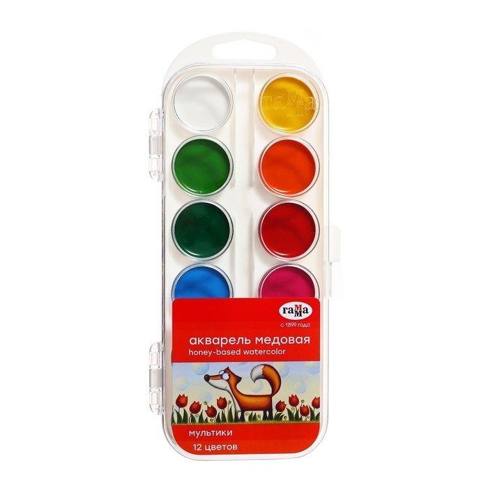 Акварель 12 цветов Акварель 12 цветов "Гамма" "Мультики", медовая, без кисти, пластик