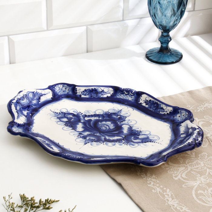Поднос большой, гжель, фарфор, 36х26 см Поднос большой, гжель, фарфор, 36х26 см