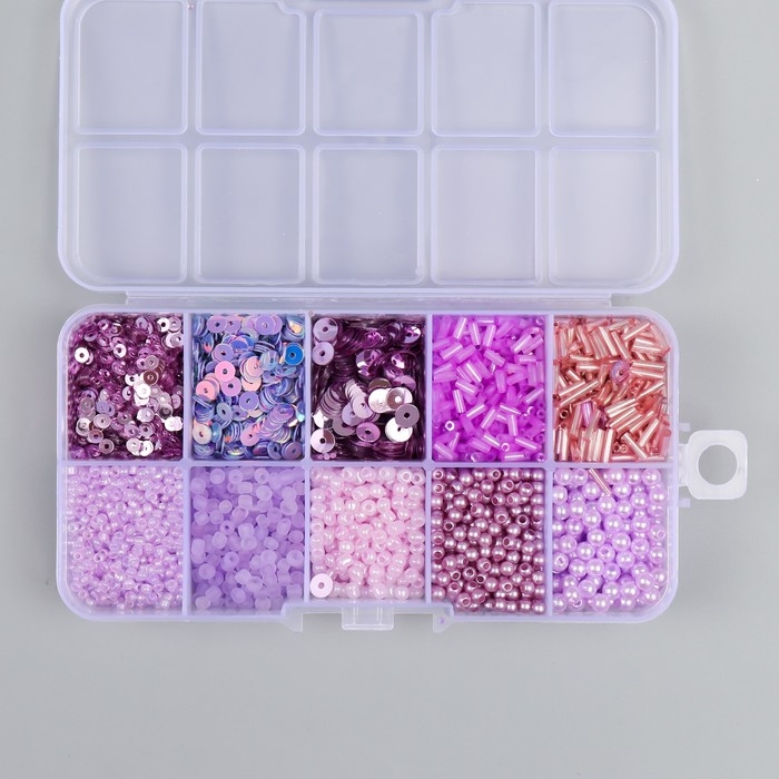 Бисер стекло 8/0, 12/0 в шкатулке  Бисер стекло 8/0, 12/0 в шкатулке "Сиреневый" бусины, стеклярус и пайетки 13х6,5х2,3 см