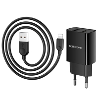 Сетевое зарядное устройство Borofone BA53A, 2xUSB, 2.1 А, кабель Lightning, 1 м, чёрное