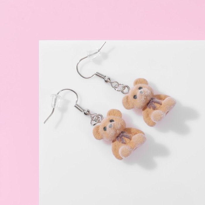 Серьги детские «Выбражулька» медвежонок, цвет коричневый в серебре Серьги детские «Выбражулька» медвежонок, цвет коричневый в серебре