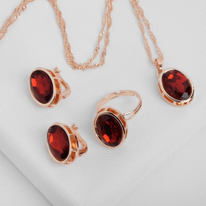 Гарнитур 3 предмета: серьги, кулон, кольцо безразмерное «Эдель» овал вытянутый, цвет красный в золоте, 45 см Гарнитур 3 предмета: серьги, кулон, кольцо безразмерное «Эдель» овал вытянутый, цвет красный в золоте, 45 см