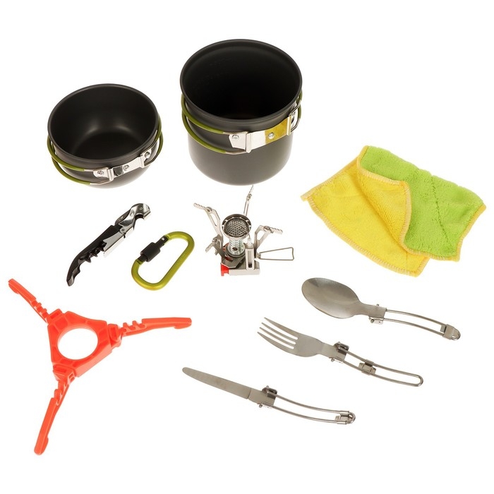 Набор туристической посуды Maclay: 2 кастрюли, приборы, горелка, штопор, тряпка, карабин