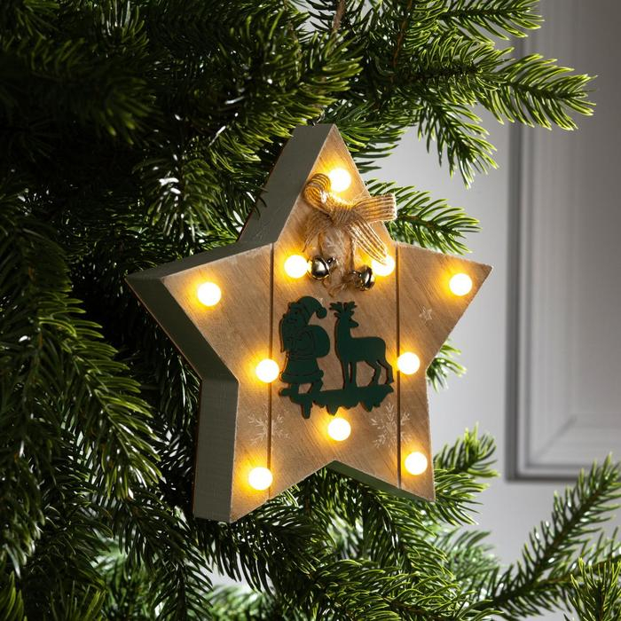 Ёлочная игрушка «Звезда с Дедом Морозом и оленем», от батареек, свечение тёплое белое Ёлочная игрушка «Звезда с Дедом Морозом и оленем», от батареек, свечение тёплое белое