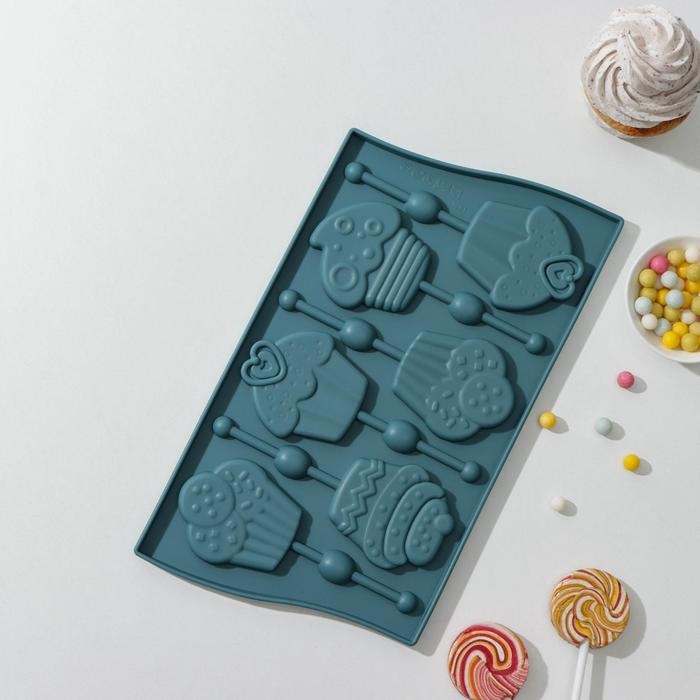 Форма для леденцов Доляна «Капкейк», силикон, 27,5×16,5 см, 6 ячеек (6×7 см), с палочками, цвет МИКС Форма для леденцов Доляна «Капкейк», силикон, 27,5×16,5 см, 6 ячеек (6×7 см), с палочками, цвет МИКС